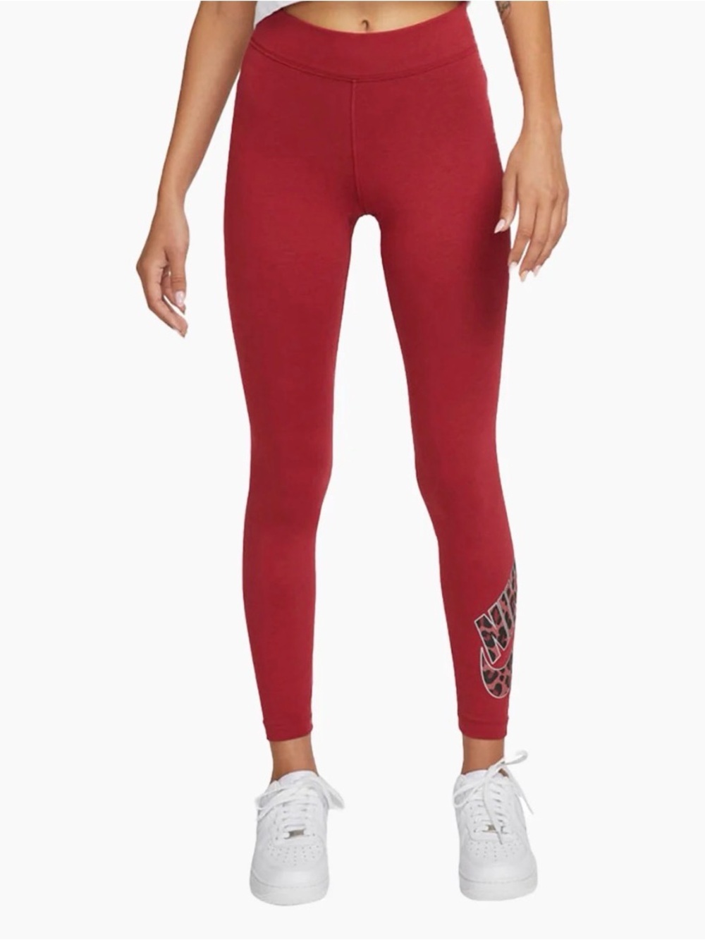 Nike Sportswear Pomegranate Red Mid-Rise Graphic Leopard Swoosh Leggings - XS